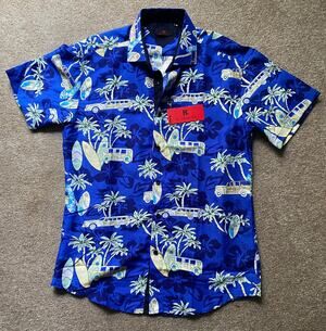 NWT! Mens BC Collection Short Sleeve Shirt, Mystery Machine Blue Surfboards, M